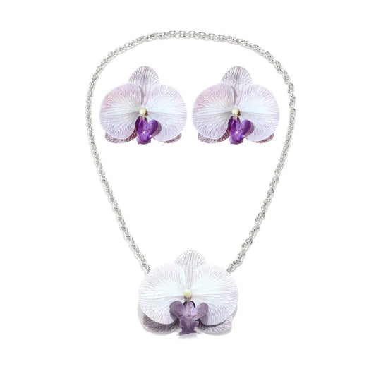 Simulation Phalaenopsis Flower Pendant Necklace Earring Set for Women Elegant Floral Rural Petal Chains Necklaces Accessory