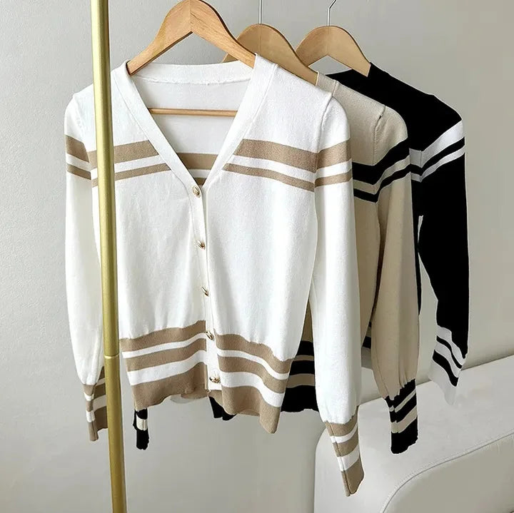 Cardigan in maglia a righe coreane da donna, a maniche lunghe, con scollo a V