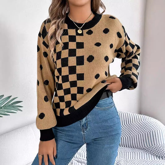 Maglione casual a pois a contrasto con maniche a lanterna