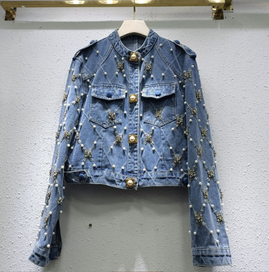 Giacca in denim da donna, girocollo, svasata, ricamata, con diamanti e perle