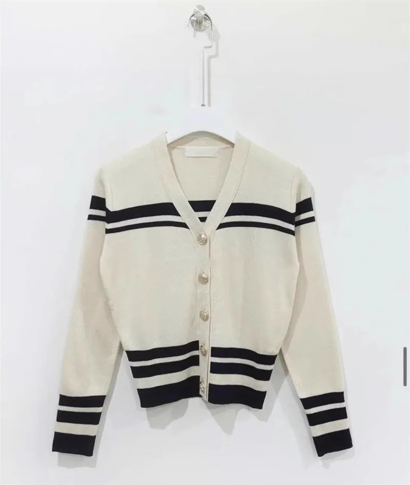 Cardigan in maglia a righe coreane da donna, a maniche lunghe, con scollo a V